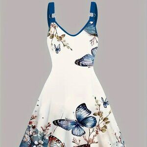 Women's Plus Size  Butterfly Print Flattering Holiday Vacation Summer Dress 22W